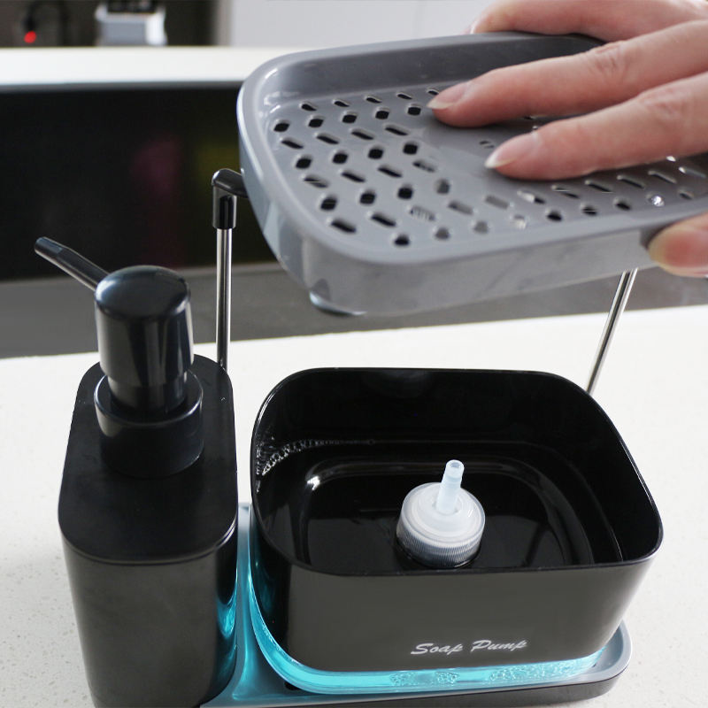 Automatic manual press sponge soap foam liquid pump dispenser caddy set for hands and dishes in kitchen