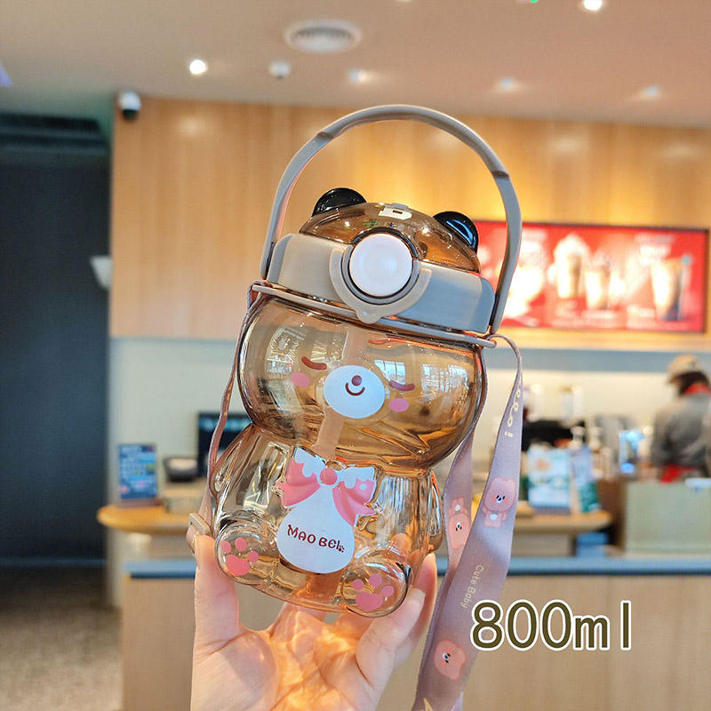 800ml Cute Bear Water Bottle for girls boys - Clear Plastic BPA free Drinking Bottle with Straw Lid Rope for Outdoor Activities