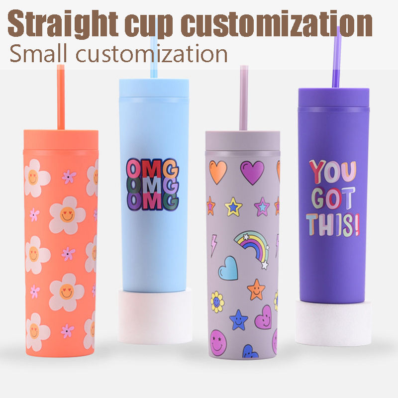 16oz Plastic Cup Double Rubber Paint Water Bottle Sealed with Leak-proof Straight Cup Lid And Straw
