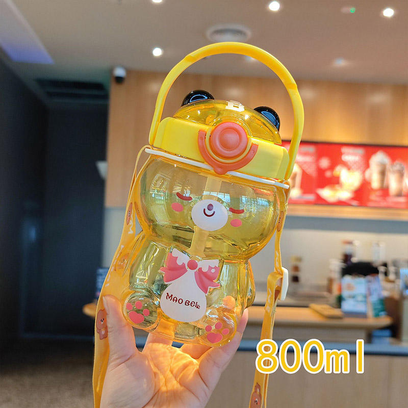 800ml Cute Bear Water Bottle for girls boys - Clear Plastic BPA free Drinking Bottle with Straw Lid Rope for Outdoor Activities