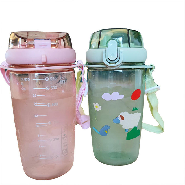 Kwaii Cartoon Water Bottle for Kids - 650ml Plastic Portable Leakproof BPA Free Drinking Bottle with Straw, Flip Lid for Gift