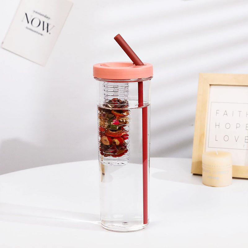 Tea / Fruit INFUSER Water Bottle - 700ml Straight Clear Plastic Water Bottle with Straw Lid for Outdoor Gym Activities