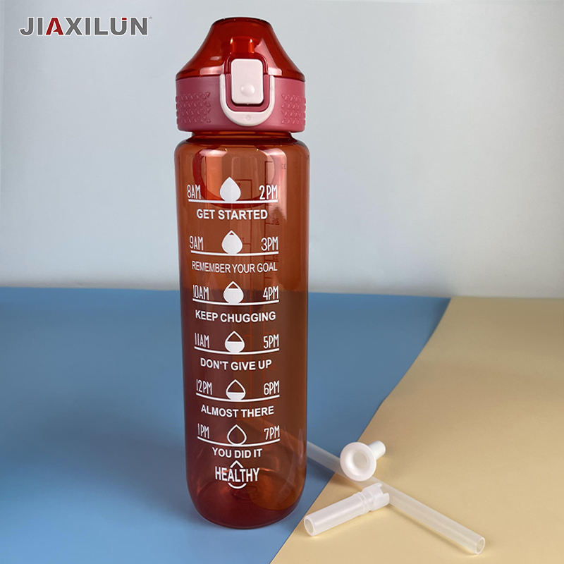 32oz transparent Plastic Water Bottle For Sport Water Bottle with Times to Drink and Straw Carrying lifting ring