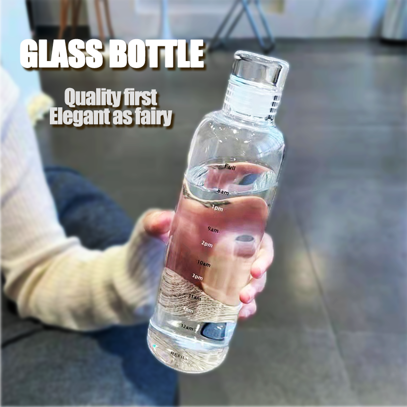 2023 Hot Selling Transparent Glass Water Bottle With Time Marker Simple Style Water Bottle With Lid For Sport Eco-friendly Glass