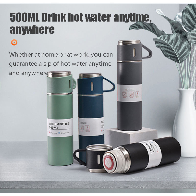 500ml/17 OZ Stainless Steel Coffee Thermo Vacuum Flask Set, Insulated Water Bottle with Three Cup for Hot And Cold Drinks