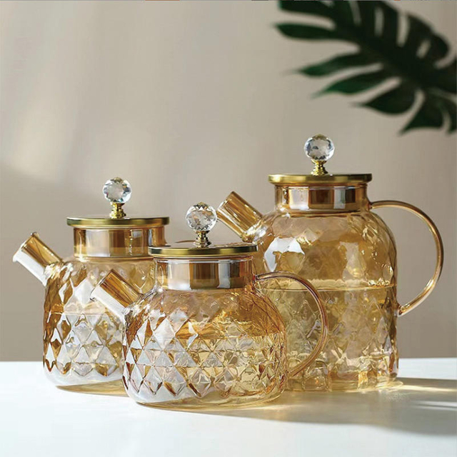 Cold Water Bottle Amber Diamond Shape High Borosilicate Glass Carafe Flip-top Lid Wholesale 1000 1500ml Household Pitcher