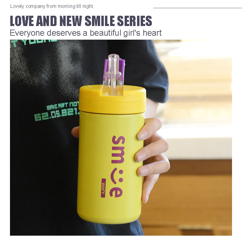 Stainless Steel Water Bottle for Kids with Straw and Lid Smile Series Simple Style Small Water Bottle Vacuum Insulated Mug