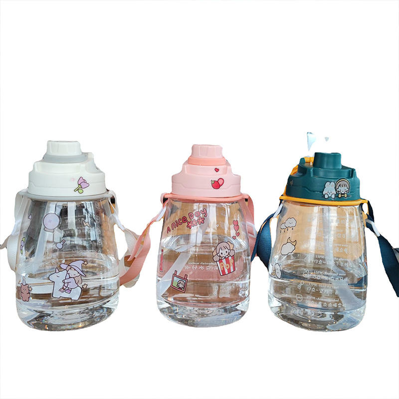 Plastic Water Bottle with Straw And Lifting Rope, 1750ml Large Capacity Big Belly Drinking Bottle with Time Marking for Gift