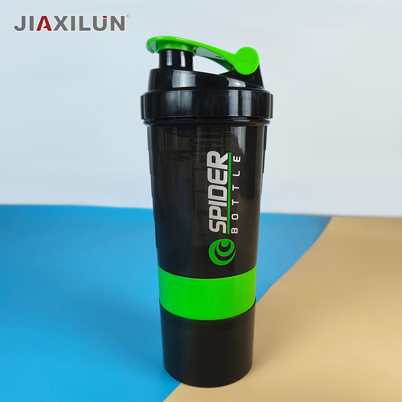 Custom Logo Gym Protein Shaker Bottle 500ml Black Three Layers Plastic Gym Fitness Protein Shaker Bottle