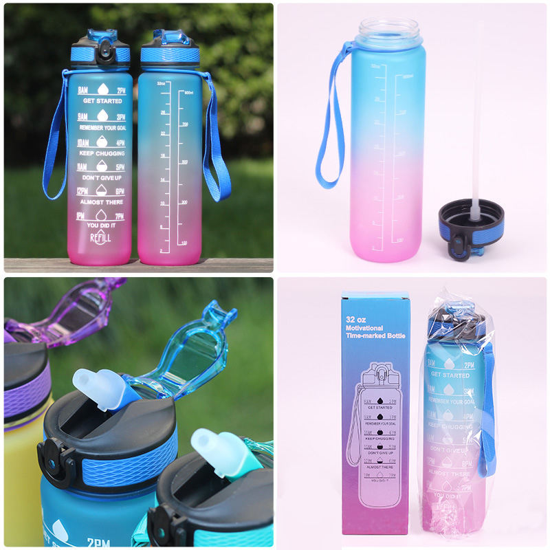 32 Oz Water Bottle with Time Marker, Carry Strap, Leak-Proof Tritan BPA-Free, Ensure You Drink Enough Water for Fitness, Camping
