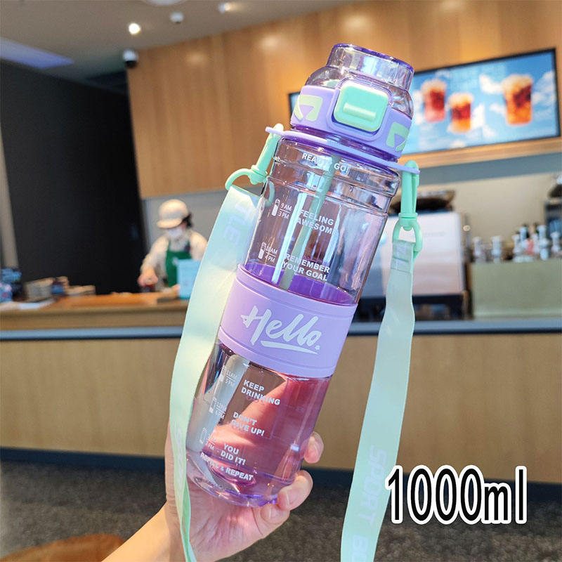 Plastic Strap with Graduated Accompanying Cup Fitness Sports Water Bottle with Straw Portable 1L Water Bottle Climbing & Travel