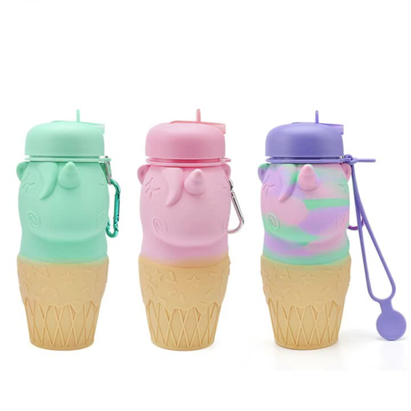 500ml Lovely Unicorn Silicone Foldable Water Bottle With Straw Collapsible Cup Water Bottle For kids BPA Free Broken-resistant