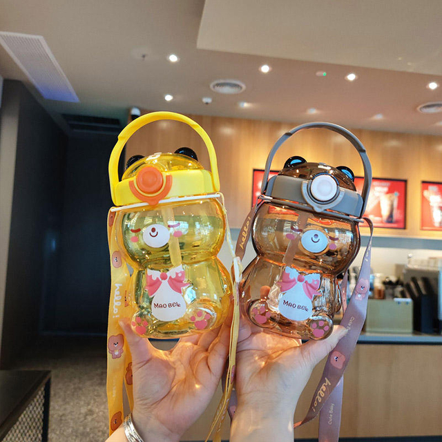 800ml Cute Bear Water Bottle for girls boys - Clear Plastic BPA free Drinking Bottle with Straw Lid Rope for Outdoor Activities