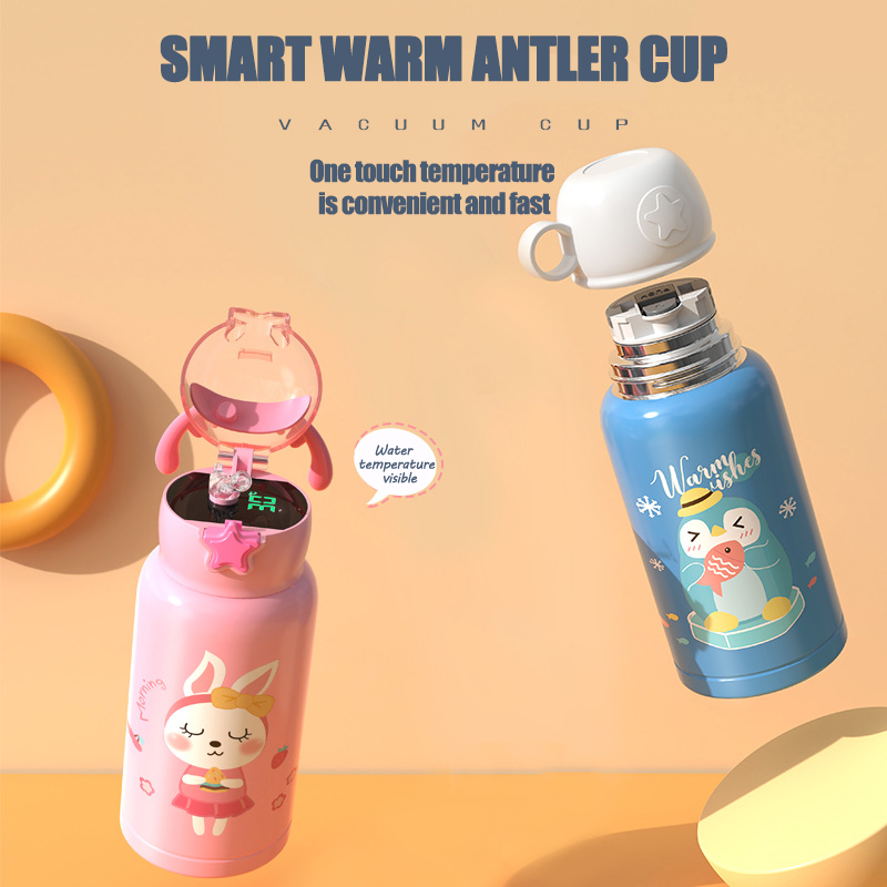 500ML Stainless Steel Smart Display Cute School kids CartoonThermos Bottle Gift with Rope and 3 Lids Set Portable Water Bottle