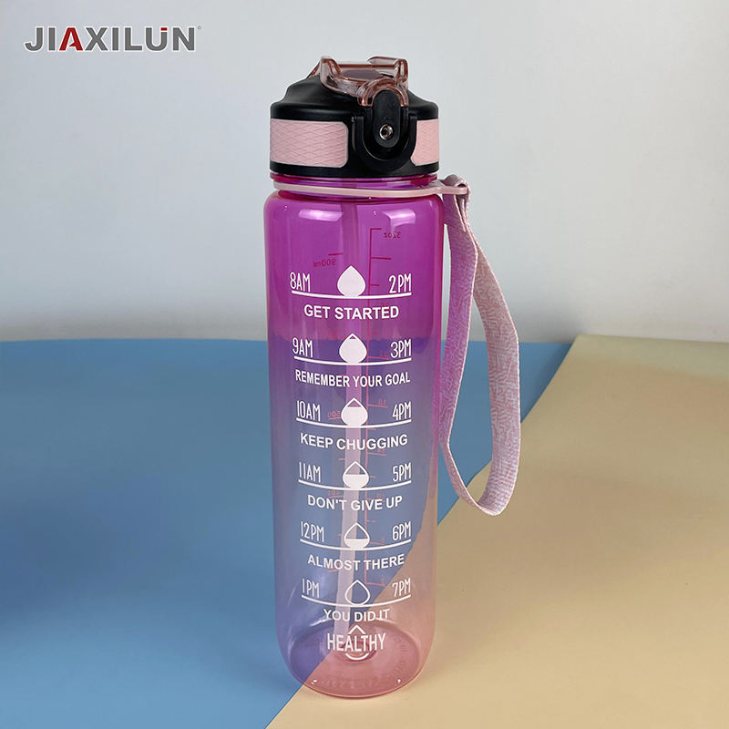 32 oz transparent Water Bottle with Time Marker Carry Strap Ensure You Drink Enough Water for Fitness Camping