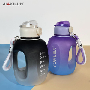 1.5L Gradient Frosted Big Jug Plastic Water Bottle Gym Fitness Drinking Kettle with Time Marker and Straw for Sports
