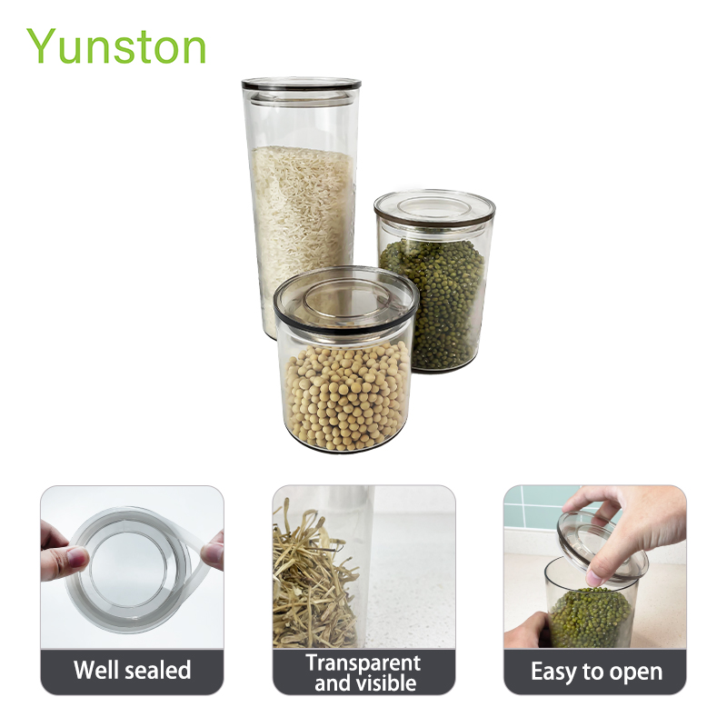 Hot Sale Three Sizes Round Kitchen Transparent Environmental PET Plastic Grain Sorting Storage Canisters