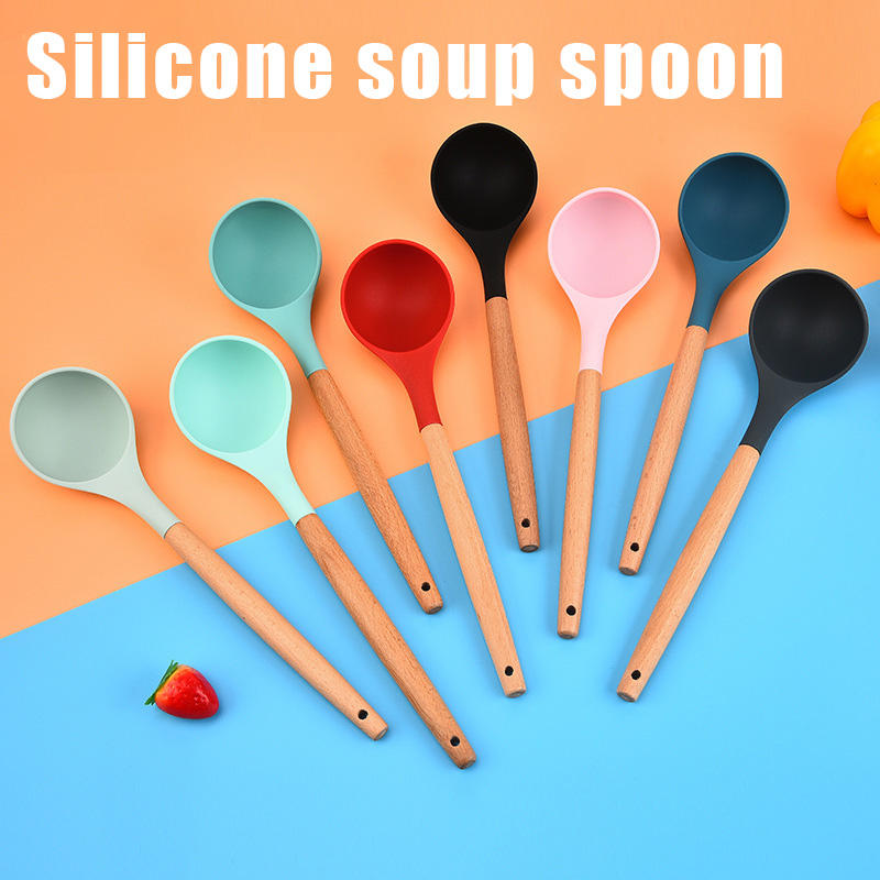 Thickened Beech Wood Handle Silicone Soup Spoon Kitchen Utensils Non-stick Pan Heat-resistant Kitchen Cooking Spoon