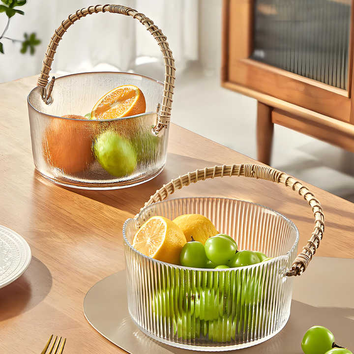 Hot Products Luxury Home Rattan Handheld Fruit Basket Party Kitchen Glasses American Transparent Round