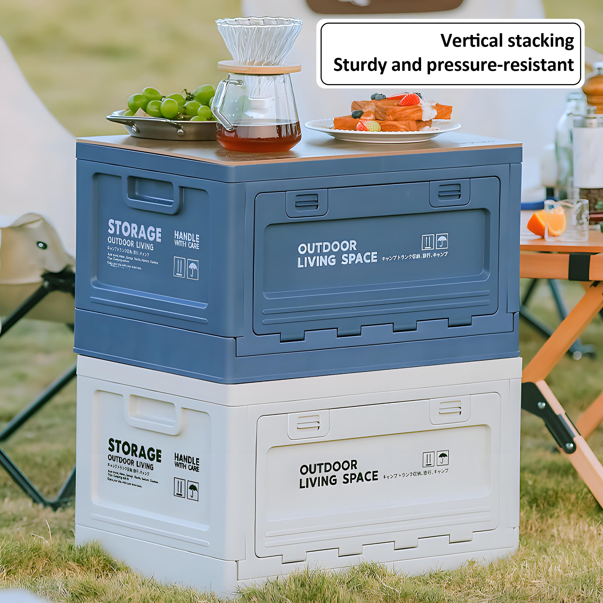 Camping Table Multifunctional Plastic Outdoor Storage Boxes Foldable Camping Bins With Wooden Lid