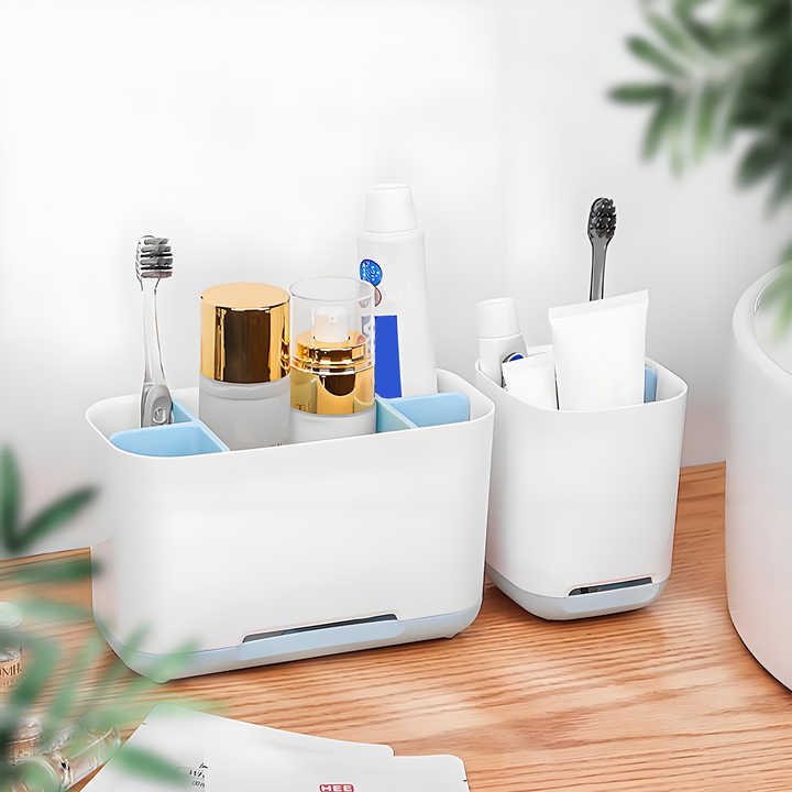 Hot Sale Bathroom Countertop Plastic Adjustable Divider Toothbrush and Toothpaste Holder with Drainage System