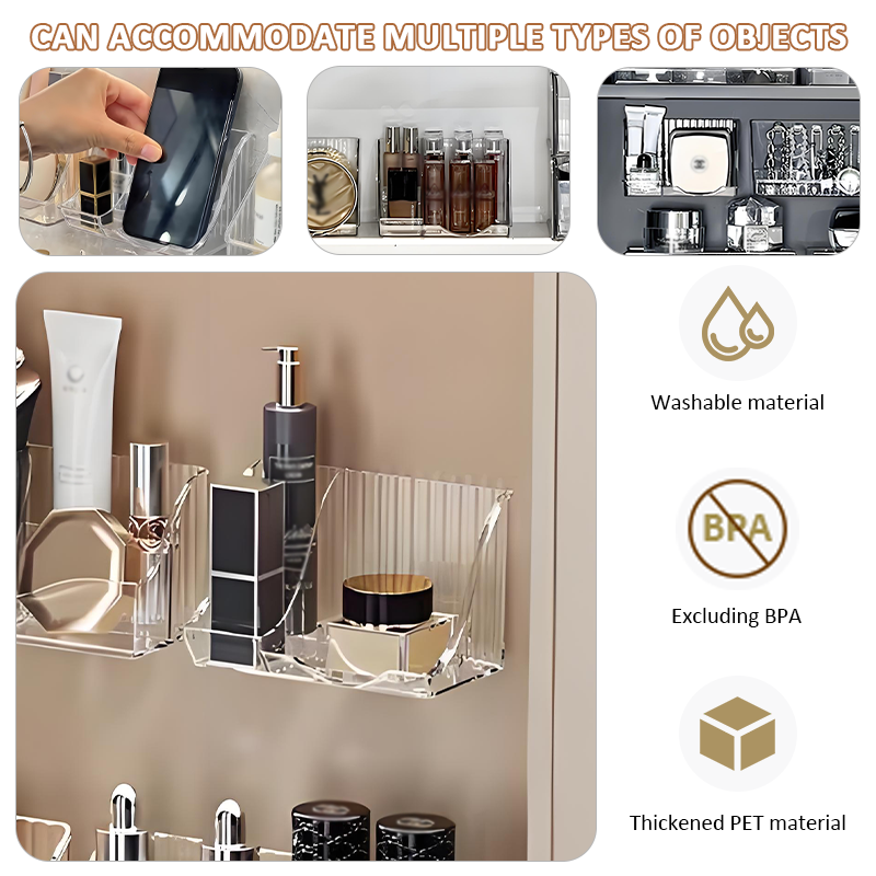 Wholesale No-Punch Wall Mounted Plastic Clear Compartmentalised Cosmetic Organiser Makeup Organiser Cosmetic Organiser