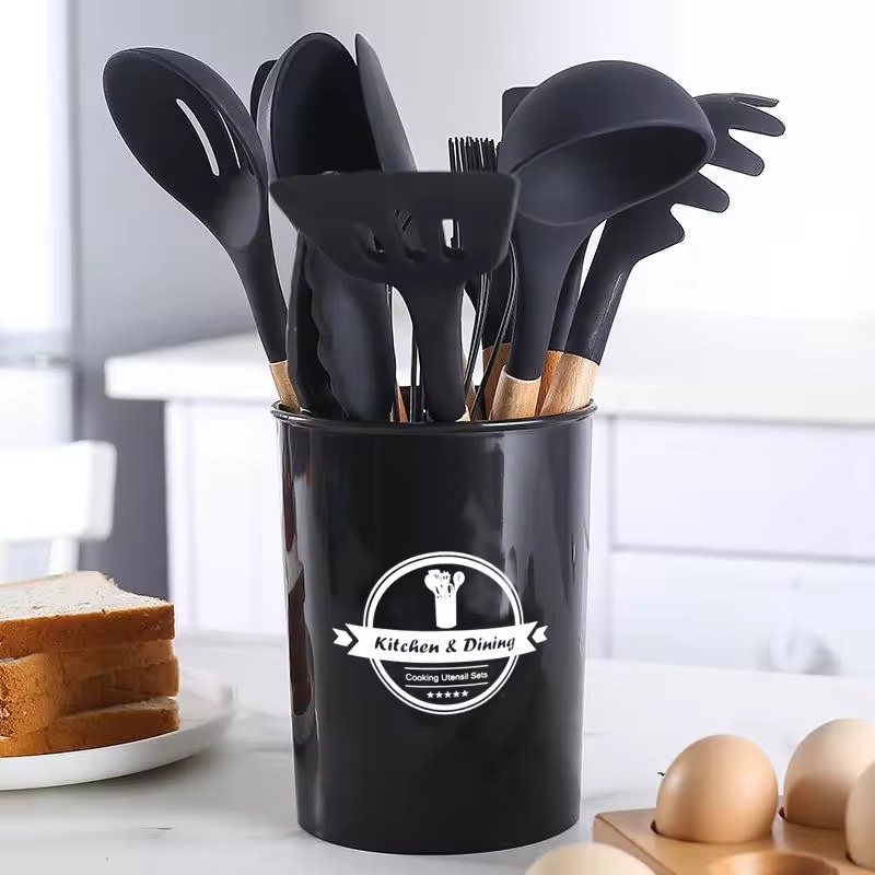 12-piece Kitchen Non-stick Silicone Wooden Handle Cooking Kitchenware Set of 7 Colors