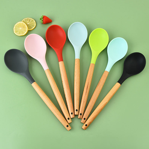 Thickened Wooden Handle Silicone Pot Spoon Soup Spoon Cooking Utensils Non-stick Pan Heat-resistant Cooking Spoon