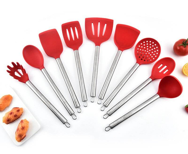 Kitchenware Set 430 Stainless Steel Long Handle Silicone Cooking Kitchen Silicone Kitchenware Set of 10