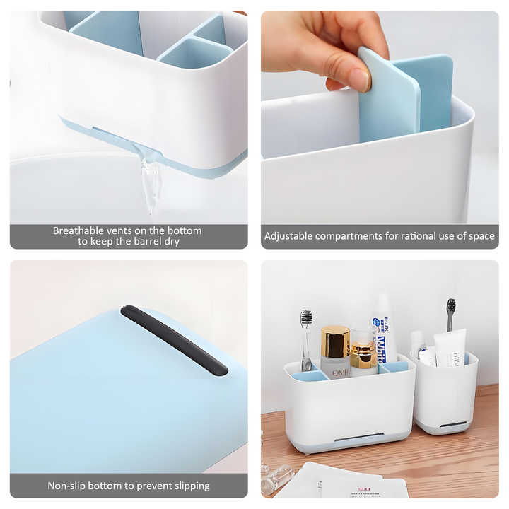 Hot Sale Bathroom Countertop Plastic Adjustable Divider Toothbrush and Toothpaste Holder with Drainage System