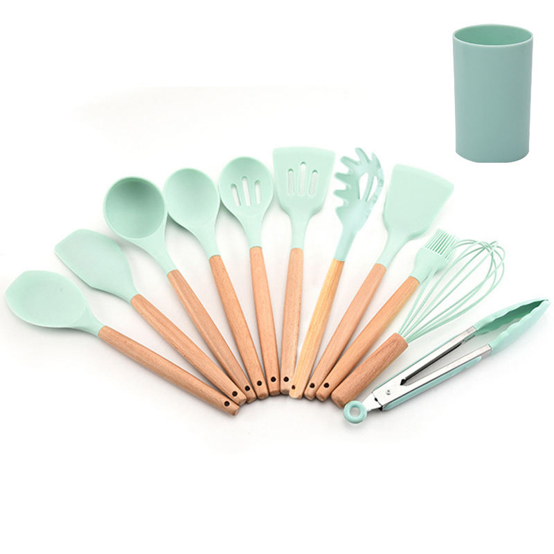 11pcs Kitchen Food Grade Silicone Non-stick Wooden Handle Silicone Kitchenware Set Cooking Tools