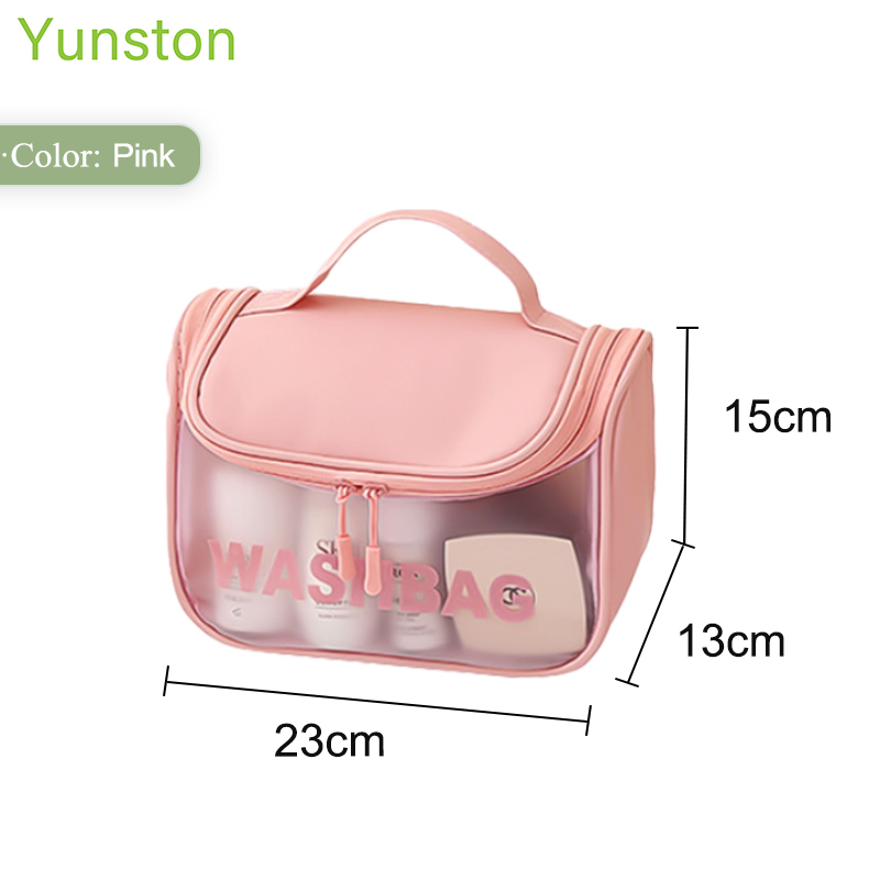 Hot Sale Convenient Portable Frosted Transparent Pink Women's Zip Travel Cosmetic Bag with Carrying Handle