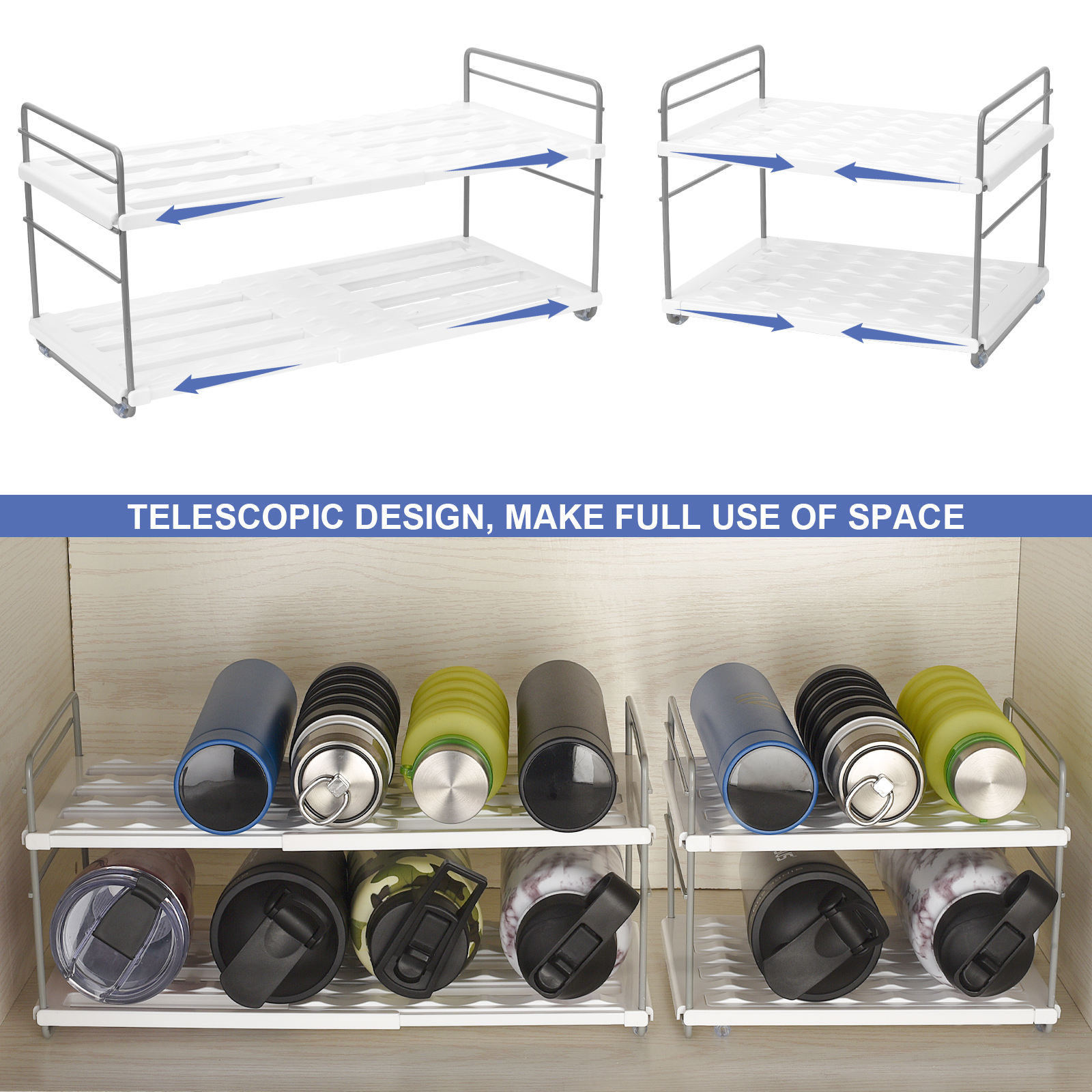 Kitchen Storage Shelf Rack 2-Shelf Telescopic Storage Rack Cup Holder Storage Kitchen Gadgets Tool Rack Stand