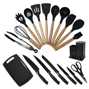 Custom Logo 19-Piece Silicone Kitchen Utensil Set with Wooden Handle Cutting Board Funnel Type Utensils And Knife Combination