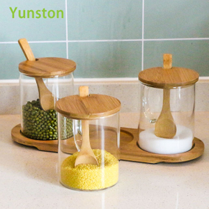 Glass kitchen jar storage set Food grade kitchen condiment jar with wooden lid and wooden spoon Kitchen spice jar with handle