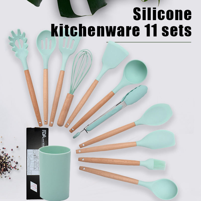 11pcs Kitchen Food Grade Silicone Non-stick Wooden Handle Silicone Kitchenware Set Cooking Tools