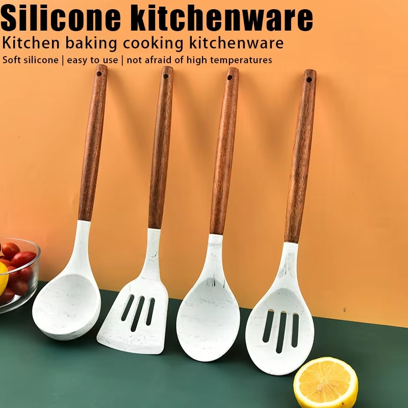 Wholesale Wooden Handle Silicone Kitchenware Set Silicone Spatula Cooking Spoon Seven-piece Kitchen Utensils