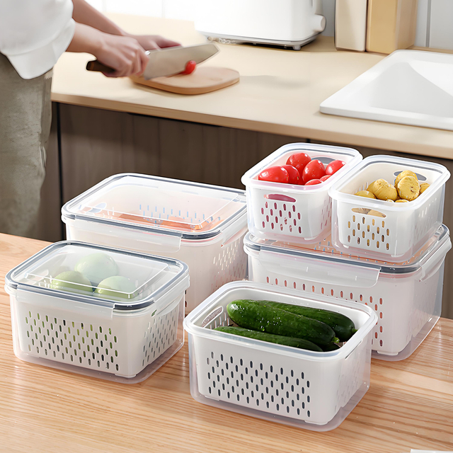 Kitchen Freezer Stackable Fridge Organizer Set Refrigerator storage container Vegetable and Fruit box with Lids & Drain Basket