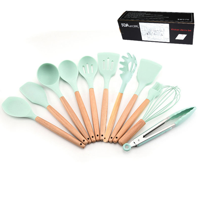 11pcs Kitchen Food Grade Silicone Non-stick Wooden Handle Silicone Kitchenware Set Cooking Tools