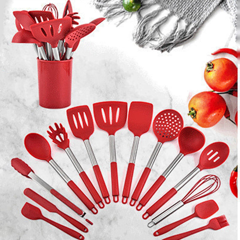 Silicone Kitchen Cooking Tools Set Cooking Utensils Set Red 15 Pieces Stainless Steel Color Box Sustainable Household Utensils