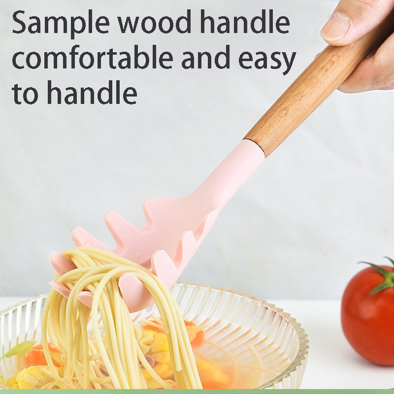 All-in-one Silicone Non-stick Cookware Wooden Handle Silicone Kitchenware Noodle Spoon Spaghetti Claw Colander Kitchenware