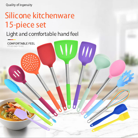 15-piece Set Silicone Kitchen Utensil Handle Non Stick Cooking Tools Kitchenware Set Colorful Stainless Steel Color 10sets