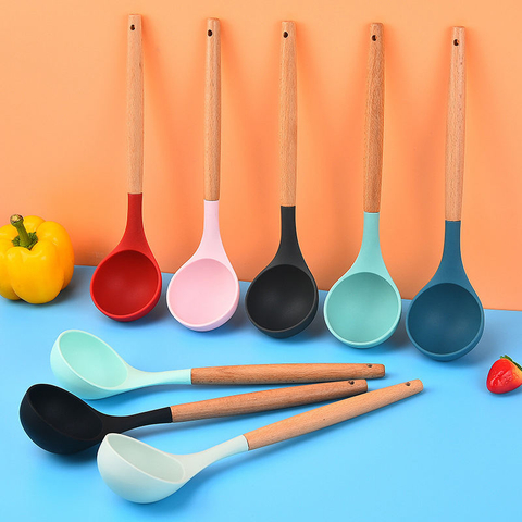 Thickened Beech Wood Handle Silicone Soup Spoon Kitchen Utensils Non-stick Pan Heat-resistant Kitchen Cooking Spoon